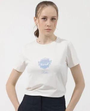 Rareism Women Fila Off White Cotton Elastane Fabric Crew Neck Knit Solid T-Shirt